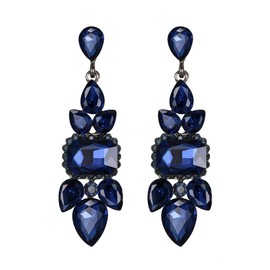Flyonce Wedding Bridal Earrings Navy Blue Rhinestone Crystal Art Deco Vintage Style Chandelier Drop Dangle for Women Black-Tone