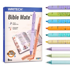 WRITECH Bible Mate Journaling Set: No Bleed Bible Highlighters & 0.7mm Black Ink Ballpoint Pens, Fast-Drying Ink, Pastel Colors Highlighter, Journaling Kit, 9ct
