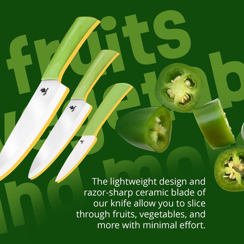 Ceramic Knife Set with Ergonomic Handle, Non-Reactive and Professional Chopping