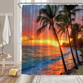 Ocean Beach Shower Curtain Tropical Palm Tree Sunset Sea Waves Coastal Landscape Coastal Nature Scenery Bathroom Decor Fabric Curtain with Hooks,70" WX70 H Inches