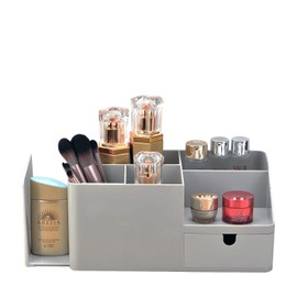 Shoccolt Desk Organizer with Drawer Large Capacity Bookends Stationary Supplies Bookshelf Accessories Pen Holder Caddy Makeup Storage Plastic Book Organizer (Large, Grey)