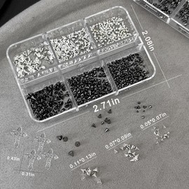 JERCLITY Silver and Gun Black Punk Style Nail Accessories Set 1 Box Cone Nail Charms Studs Alloy Spike Nail Rivets 2 Jars Nail Caviar Beads with 6 Sizes 10 Cross Nail Charms for Women Nail Art