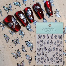 CESTSIREN Glitter Butterfly Nail Art Stickers, Holographic Aurora Coquette Nail Decals, for Nail Art Design, Self-Adhesive,Nail Accessories for Women,Aesthetic Nail Art Supplies