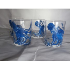 Hand painted blue octopus. Great set. usa. Set of 4 glasses tumbler
