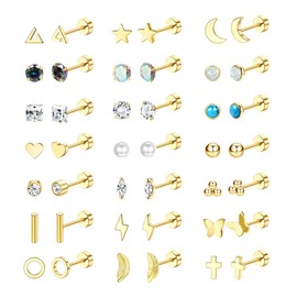 Jstyle Hypoallergenic Flat Back Stud Earrings for Women Men Surgical Stainless Steel Earrings Set for Sensitive Ears Cartilage Earring Small Flatback Studs Earrings Stacks Screw Back Gold Earrings