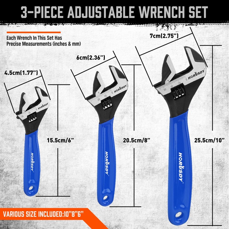 HORUSDY 3-Piece Adjustable Wrench Set (6/8/10 in), Wide Jaw Black