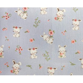 Children's Fabric - Grey Sweet Bunny & Pink Floral Organic Cotton Craft Fabric
