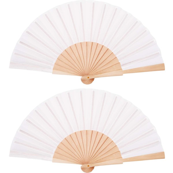 Chuangdi 2 Pieces Wooden Hand Folding Fans Fabric Hand Fans Pocket Fans Craft Fan Gift with Drawstring Organza Bags for Men Women Girls (White)