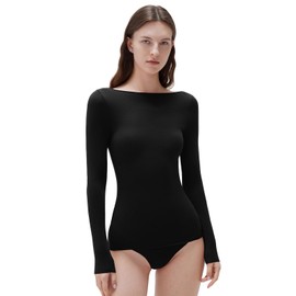 SUUKSESS Cloud Cashmere Women Boat Neck Fitted Long Sleeve Shirts Basic Knit Going Out Tops (Black, XS)