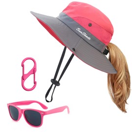 Kids Sun Hat with Sunglasses Girls UV Protection Wide Brim Summer Beach Cap with Ponytail Hole Watermelon Red