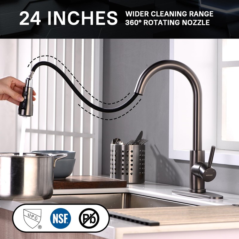 WEWE Black Stainless Kitchen Faucet with Pull Down Sprayer, Single