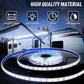 Yiswhis 20FT RV Awning LED Light Strip, 12V Fixed Brightness Camper Awning Lights Waterproof, Motorhome Exterior Underglow Lighting Strips Kit for Canopy Parties BBQ Food Truck Decor