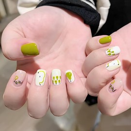 ALLEVG Nail Tips, 24 Pieces, Short, Avocado Green, Spring, Summer, Popular, Japanese Style, Cute, Simple, Stylish, Coming of Age Ceremonies, School Entrance Ceremonies, Graduation Ceremonies, Weddings