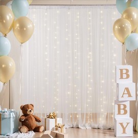 PARTISKY 10x10ft White Tulle Backdrop Curtain with Lights String for Parites, Sheer Backdrop Curtains for Wedding Baby Shower Birthday Party Photo Shoot Decorations