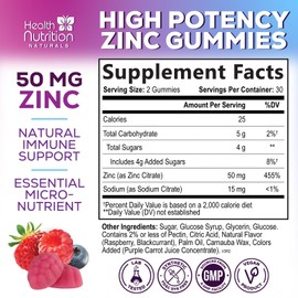 Zinc Gummies 50mg - Extra Strength Skin Health & Immune Support Gummy, Vegan, Non-GMO & Gluten Free - Best Zinc Supplement Antioxidant Heart & Bone Health Chewable Tasty Berry Flavor - 60 Gummies