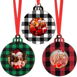 Jetec 12 Pcs Christmas Photo Ornaments Picture Frame Ornaments for Christmas Tree Wooden Ball Plaid Hanging Decorations for Xmas Party Home Decor(Red and Black, Black and White, Green)