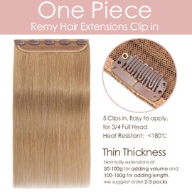 Remy Clip in Human Hair Extensions (18inches-50g, 27 Dark Blonde)-One Piece Real Hair Extension Clip in 3/4 Full Head Straight