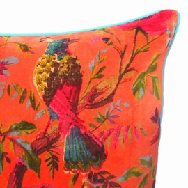 Eyes of India Velvet Floral Flower Bird Throw Pillow Sofa Cushion Cover Case Couch Colorful Boho Chic Bohemian Accent Indian Handmade (Orange, 16" x 16")