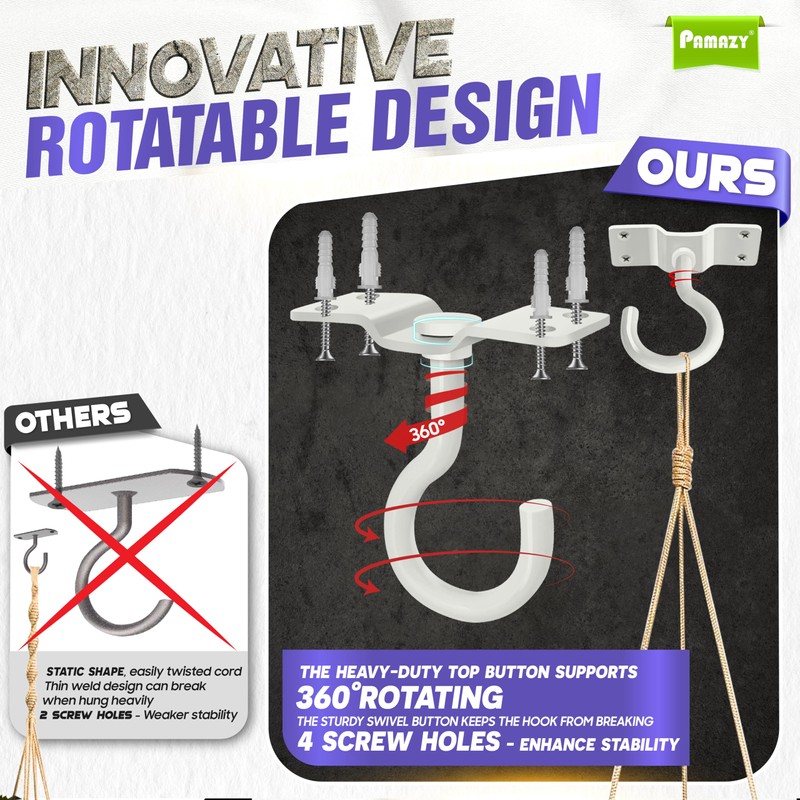 [Upgraded] 200LBS 8Pcs Rotatable Ceiling Hooks with 4 Screw Points