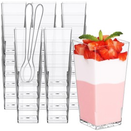 Eupako 3 oz Plastic Dessert Shooter Cups with Spoons, 50 PCS Mini Clear Square Plastic Tumbler Cups, Small Dessert Cups for Jello Shots, Appetizers, Puddings, Mousse, Parfait