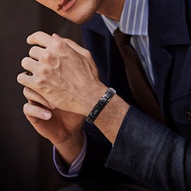 JFUME Bracelet Magnetic Black Stainless Steel Bracelet for Men 8.5Inches Adjustable with Link Removal Tool