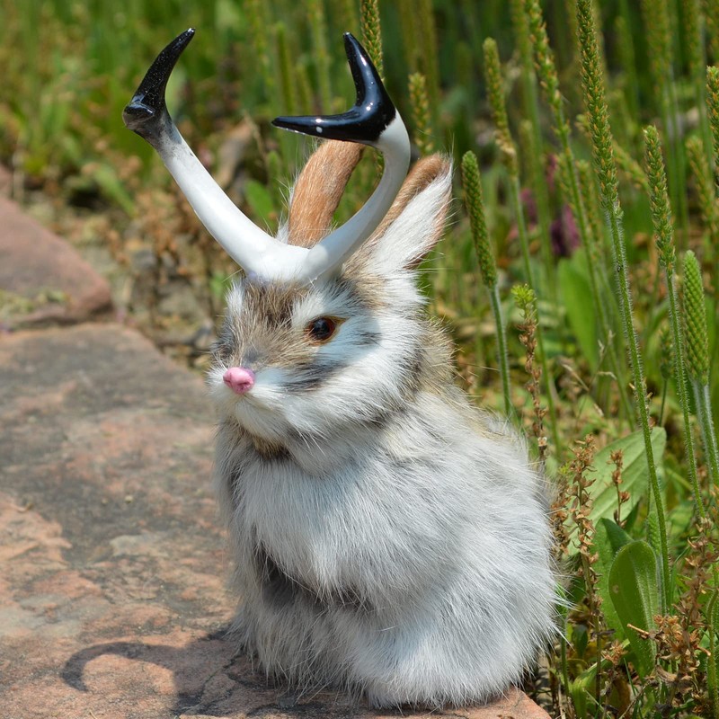Realistic Jackalope Furry Wild Animal Replica Figurine Easter Bunny Spring