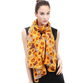 Lina & Lily Sunflower Floral Print Women's Scarf Shawl Wrap Lightweight (Gold & Grey)