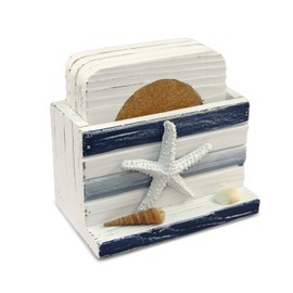 Puzzled Nautical Light Blue Stripes Wood Drink Coasters, 4" Seashells Holder Protects Furniture from Water Stains Marks Scratches for Cold Drinks Wine Glasses Mugs Cups - Beach Theme Bar & Home Accent