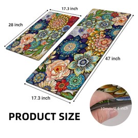 Tubeamin Boho Floral Kitchen Rugs Mats for Floor 2 Piece Memory Foam Padded Kitchen Mats Anti Fatigue Non Slip Cushioned Comfort Standing Mat, 17.3x28+17.3x47 Inch