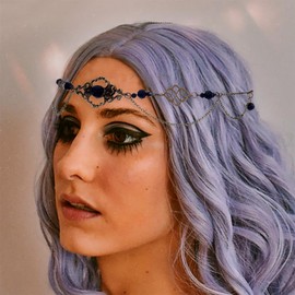 Yalice Boho Rhinestone Head Chain Jewelry Crescent Moon Headpieces Pagan Headband Chains Pentagram Witchy Forehead Chain Gifts for Women (Bronze-Black, One Size)