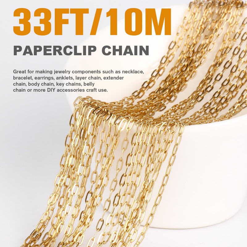 33FT Gold Paperclip Chain 2MM Stainless Steel Link Chain for