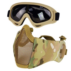 Airsoft Mask with Goggles, Foldable Half Face with Ear Protection for Paintball Shooting CS Game (Mud+M-Camouflage-3)