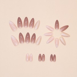 Press on Nails Medium Almond Fake Nails with Glitter Leaf Designs Glossy Nude False Nails White French Acrylic Nails Glue on Nails for Women Girls Nails Decoration 24 Pcs
