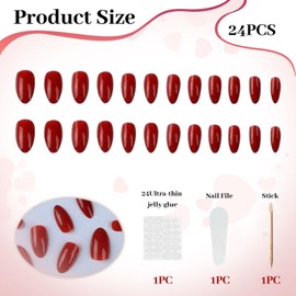 LunarCharm 24 Pieces Red Press-on Nails Pure Color Shiny Artificial Almond Shape Stick On Nails for Women Girls Daily Life