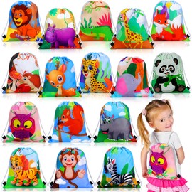 Gerrii 32 Pieces Jungle Animal Drawstring Bags Cartoon Animal Birthday Party Supplies Safari Wildlife Candy Goodie Treat Bags Safari Party Favors Gift for Kids Birthday Boy Girl Holiday Baby Shower