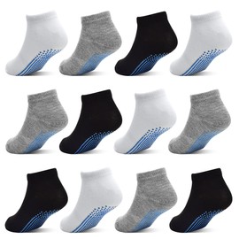 HYCLES Baby Non Slip Grip Socks for Boys Girls 12 Pairs Toddler Non-Slip Ankle Socks for 6 Months - 7 Years, 01#Black + White + Grey