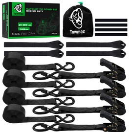 Towmax Ratchet Tie Down Straps (4 Pack) - Motorcycle Strap Tie Downs 2,100lb Break Strength - 1 in x 15ft Black Ratchet Straps -15" Soft Loop Tie Down Straps for Truck, Cargos
