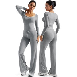 OMKAGI Womens Lounge Set Lace Square Neck Long Sleeve Tops Wide Leg Pants 2 Piece Outfits(M,212-Grey)