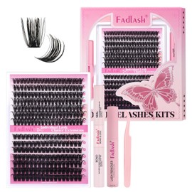FADLASH Lash Extension DIY Kit 80D+100D Cluster Lashes 0.07 D Curl with Lash Bond and Seal, Remover and Tweezers for DIY eyelash clusters at Home (80D+100D, 12-18mm）