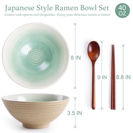HOKELER Ceramic Japanese Ramen Bowl Set, 2 Sets Asian Pho Udon Soup Noodle Bowls with Spoons and Chopsticks (Green, 8 inches)