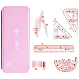 waremew 8 Pcs Compass/Math Set for Students with Shatterproof Storage Box, Geometry Set for School, Includes Ruler, Protractor, Compass, Pencil,Pencil Sharpener and Eraser,etc. Perfect Gift (Pink)