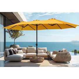 PHI VILLA 15ft Large Patio Umbrellas with Base Included, Outdoor Double-Sided Rectangle Market Umbrella with Crank Handle, for Poolside Lawn Garden, Golden Yellow