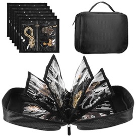 mekueeex Large Capacity Anti Tarnish Jewelry Box for Travel - Foldable Portable Jewelry Organizer with 36 Compartments, Waterproof Oxford Cloth, 6 Double-Sided Zipper Pockets, Black Gift for Women