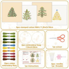 BEUNITONE 4PCS Christmas Tree Embroidery Kit Merry Christmas Stamped Cross Stitch Kit Snowflake Pine Tree Needlepoint Kit DIY Adult Beginner Stamped Cross Stitch Kit with Patterns and Instructions