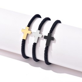 Black Cross Bracelet for Men and Women Adjustable Rope Macrame Bracelet Stainless Steel Cross Charm Bracelet Christian Unisex Faith Jewelry