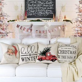 Ycoll Cushion Covers, Christmas Cushion Covers, Decorative Linen Cushion Covers for Decoration, Christmas, Sofa, Bedroom, Couch, 40 x 40 cm, Set of 4