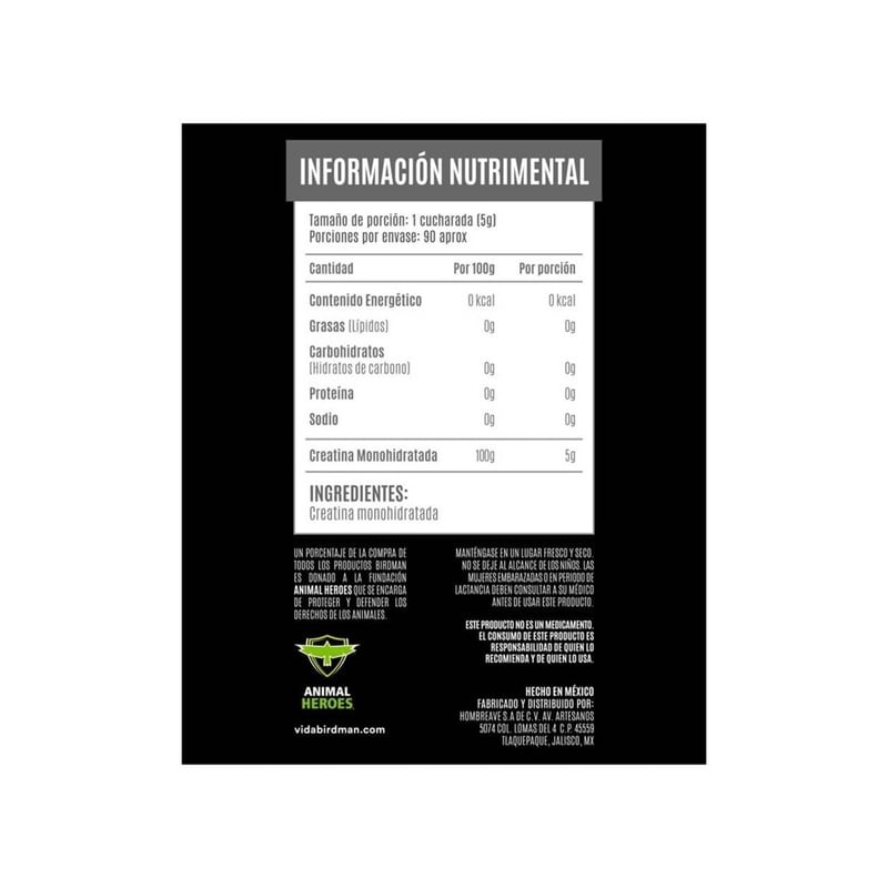 Suplemento alimenticio Birdman creatina monohidratada de alta pureza 450 g