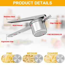Potato Ricer 15oz, Heavy Duty Stainless Steel Potato Masher and Ricer for Mashed Potatoes,with 3 Interchangeable Discs, Potato Press Kitchen Tool for Mashed