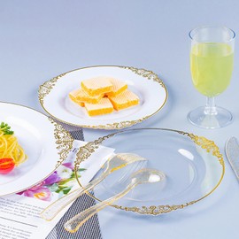 50 Set Plastic Plates 10 Inch Heavy-Duty Party Plates Disposable Appetizer Plate Bulk Food Dessert Serving Trays Gold Dinnerware for Christmas Wedding Birthday Shower Buffet - Round