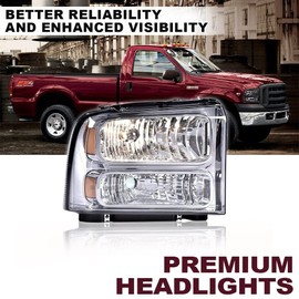 G-PLUS Headlights Assembly Compatible with 99-04 Ford F250 F350 F450 F550 Super Duty/00-04 Excursion Headlamp,Smoky lens Chrome Housing Amber Reflector(Professional installation and drilling required)